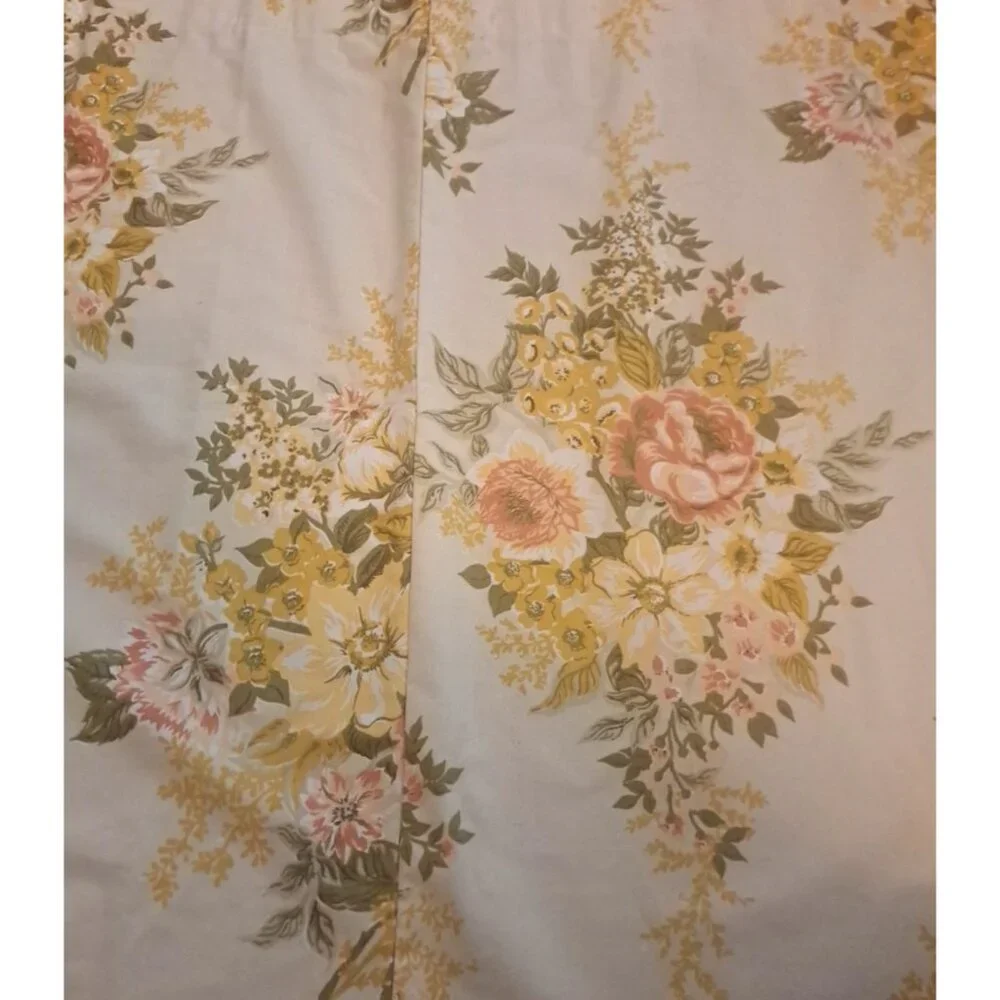 Vintage Curtain Panel Handmade Yellow Pink Floral Rose Bouquet Cottage 80x37